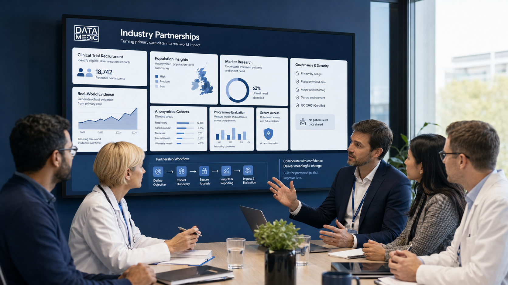 Clinical and industry partners reviewing DataMedic Industry Partnerships dashboards in a meeting room