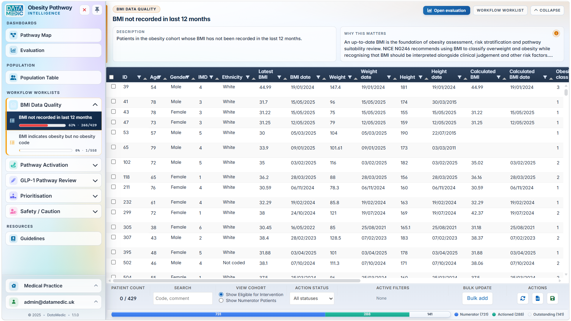 Patient-level insight worklist with clinical context and recommendation tracking