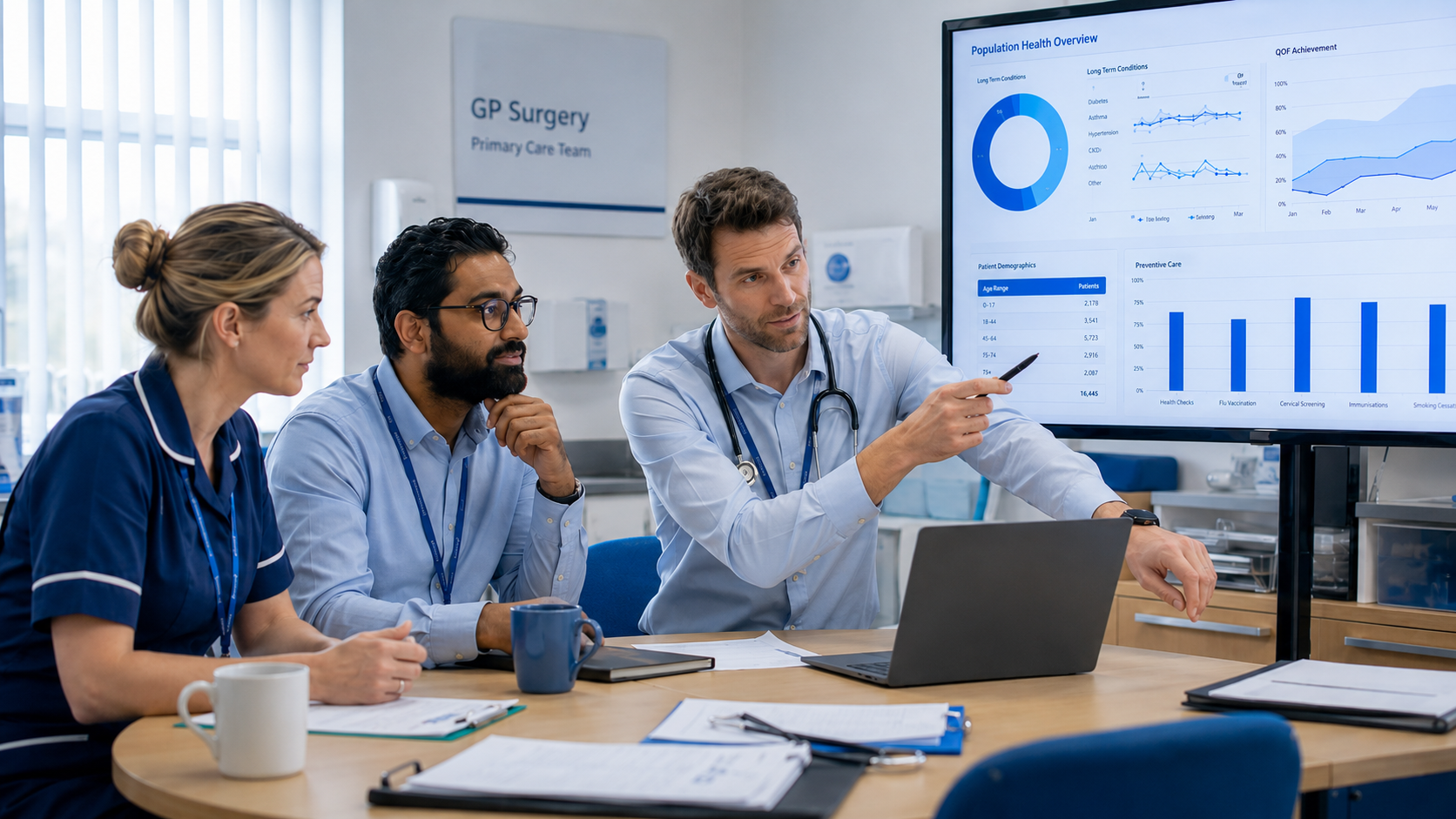 Primary care clinicians reviewing a population health dashboard together in a GP surgery